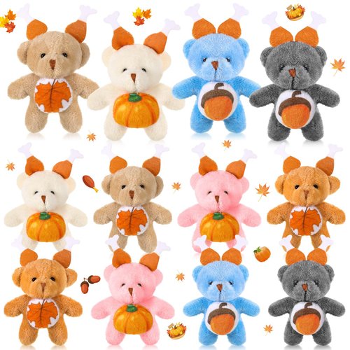 Blueweenly 12 Pcs Thanksgiving Mini Stuffed Plush Bears with Pumpkin Maple Leaves Bulk Fall Tiny Animal Plush Toy Animal Keychain for Thanksgiving Party Favors Goodie Bag Filler Prizes Gifts