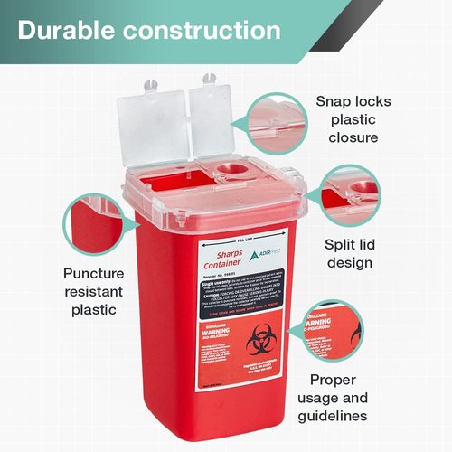 AdirMed Sharps Disposal Container with Flip Open Lid - Biohazard and Syringe Disposal Container - Ideal for Home, Clinic, Office, Barber Use with Flip-Open - (1 Quart, 6-Pack)