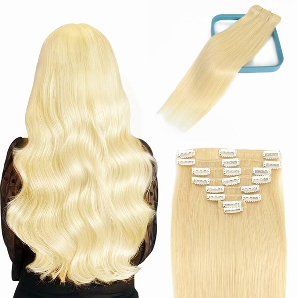 LORIEN Clip in Hair Extensions Real Human Hair, 22 Inch 110g, 613 Bleach Blonde, Clip in 100% Brazilian Remy Human Hair Extensions 8pcs Per Set with 18 Clips Double Weft