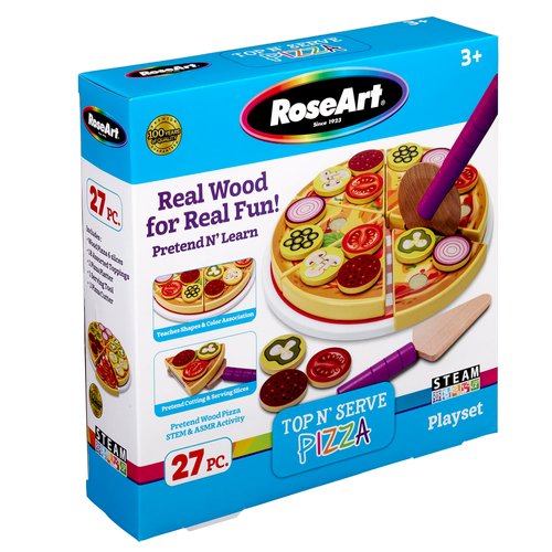 RoseArt Top n' Serve Wood Pizza Parlor Play Set 27pc Pretend Play Kitchen Gift, for Toddlers Ages 3 and Up