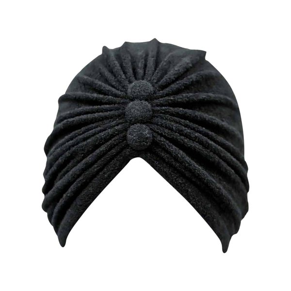 Luxury Divas Black Terry Cloth Turban Head Wrap With Button Detail