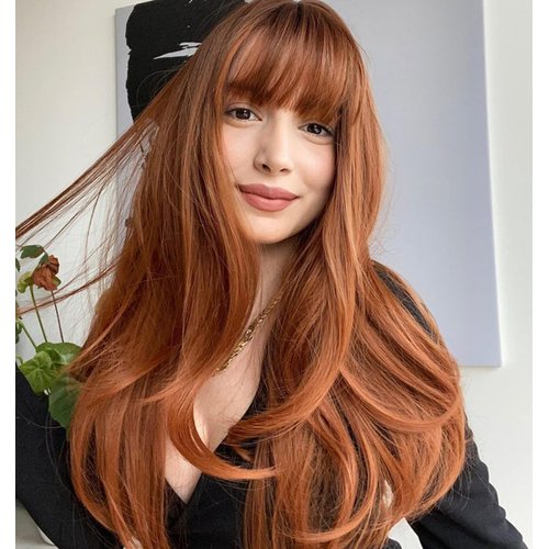 LANOVA Ginger Ombre Wigs with Bangs, Best Synthetic Wig for Women, Copper Red Wigs, Auburn Wig with Dark Roots Natural Straight Wig 24 inch LANOVA-148