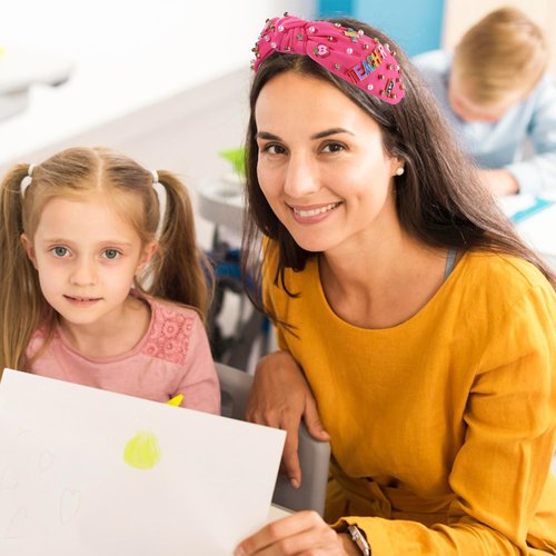Teacher Headband, Teacher Accessories, Crystal Pearl Knotted Headband for Women Cute Apple Book Teach Charms Embellished Jeweled Top Knot Headband, Teacher Appreciation Gifts (Pattern H)