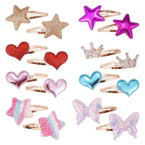 Zanwell 16 Pcs/8 Pairs Metal Hair Clips for Girls, Star/Crown/Heart Shaped Kids Hair Barrettes, 7 cm, Cute Sparkly Hair Styling Accessories