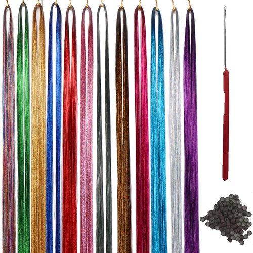 Hair Tinsel Kit, Glitter Hair Fairy Tinsel Hair Extensions 12 Colors Hair Tinsel Heat Resistant Sparkling Hair Glitter for Christmas New Year Holiday Cosplay Party
