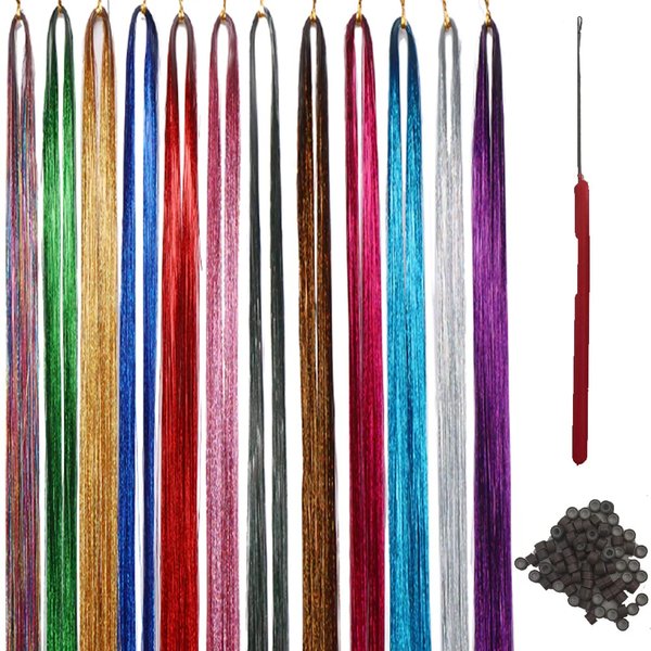 Hair Tinsel Kit, Glitter Hair Fairy Tinsel Hair Extensions 12 Colors Hair Tinsel Heat Resistant Sparkling Hair Glitter for Christmas New Year Holiday Cosplay Party