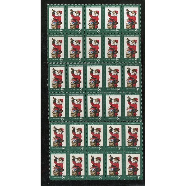 VINTAGE CHRISTMAS ~ SANTA CLAUS WITH BAG AND HORN ~ 30 STAMPS TOTAL (3 Blks of 10 x 8¢ US Postage Stamps) Scott #1472