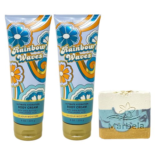 Bath & Body Works Rainbow Waves 2 Pack Body Cream Bundle with a Sea Breeze Bar Soap
