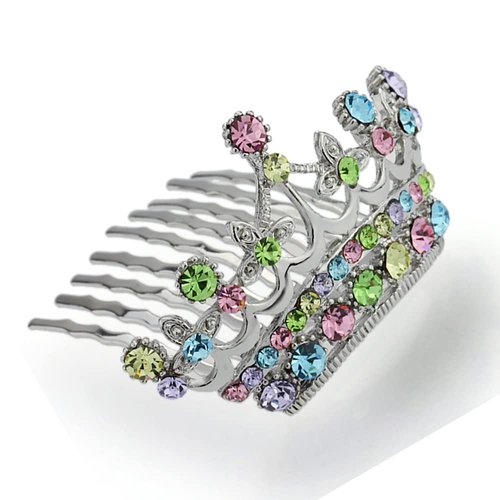 Decorative Hair Comb Miniture Princess Tiara Rhinestone Crystal Flowers Bridal Hair Comb, Rainbow