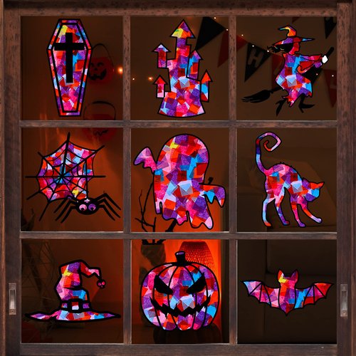 Tenare 18 Pcs Halloween Suncatcher Craft Kit for Kids Tissue Paper Suncatcher Craft Halloween Kids Projects for Classroom DIY Crafts Halloween Window Art Decorations