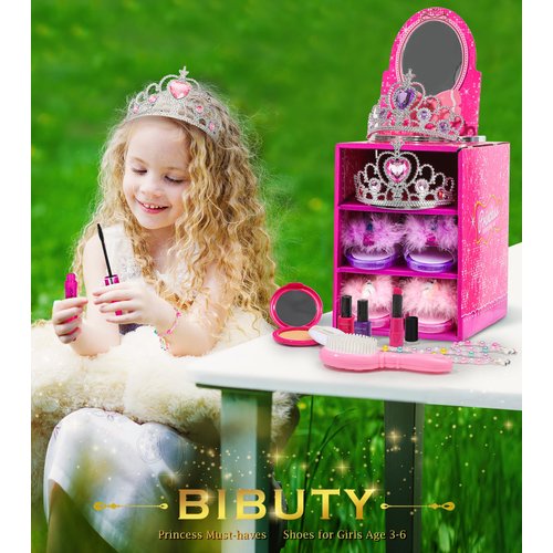 Kids Makeup Kit for Girls Princess Dress Up Shoes, BIBUTY Pretend Play Fake Makeup Set Toy for Girls with Princess Shoes Crowns Handbag for Little Girls, Princess Toy Gift for 3-6 Toddler Little Girls