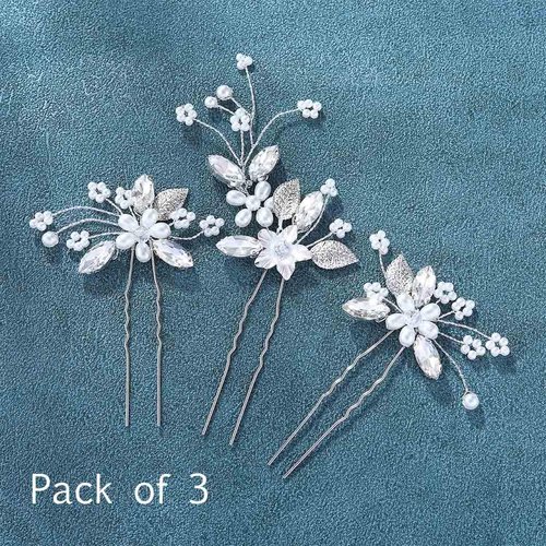 Unicra Bride Wedding Flower Hair Pins Bridal Pearl Hair Piece Crystal Hair Accessories for Women and Girls (Pack of 3) (A-Silver)