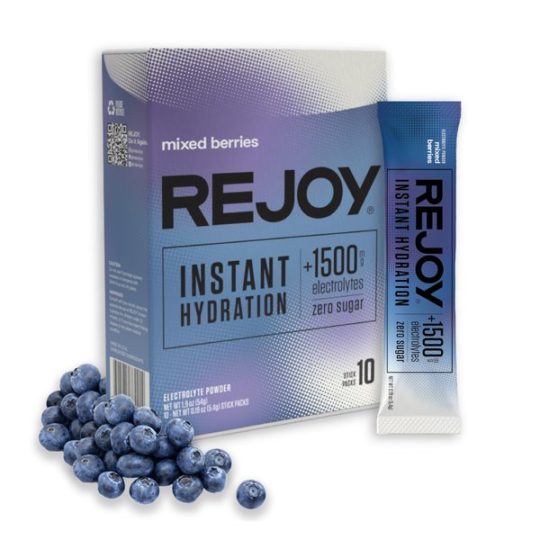Rejoy – Electrolyte Powder Packets, 10 Sticks – Hydration Drink Mix Supplement – Sugar Free, Keto and Paleo Friendly, Vegan, Non-GMO, Easy Open Single-Serving Stick (Mixed Berries)
