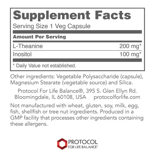 Protocol L-Theanine 200mg - for Brain Health, Relaxed but Alert Mental State & Normal Dopamine & GABA Release* - Calming like Green Tea* - with Inositol - Made without Gluten, Non-GMO - 60 Veg Caps
