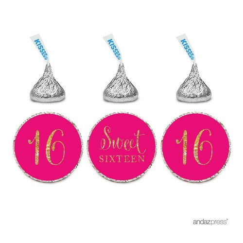 Andaz Press Gold Glitter Print Chocolate Drop Labels Stickers, Sweet 16 Birthday, Fuchsia, 216-Pack, Not Real Glitter, for Kisses Party Favors
