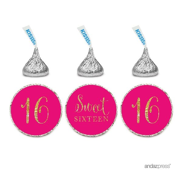 Andaz Press Gold Glitter Print Chocolate Drop Labels Stickers, Sweet 16 Birthday, Fuchsia, 216-Pack, Not Real Glitter, for Kisses Party Favors