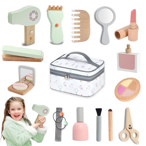 Wooden Makeup Toy Set, [2024] Wooden Makeup Kit for Girls, 2-in-1 Pretend Wood Beauty Hair Salon & Makeup, 16-Piece Non-Toxic & Safe Pretend Play, Birthday Gifts for Toddler 3 4 5 6 Years Old