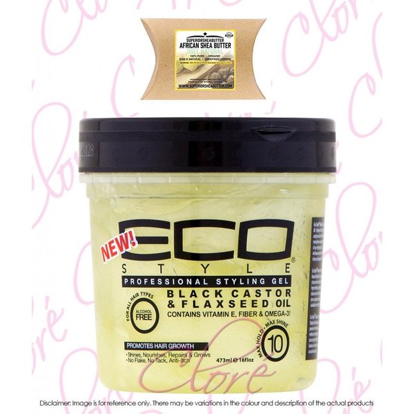 Eco Styler Black Castor & Flaxseed Oil Gel (16oz) with Superior Shea Butter Packet 1oz