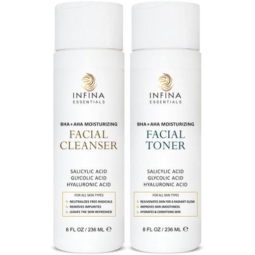 INFINA ESSENTIALS Face Cleanser and Facial Toner, Big 8 fl oz Each, Skincare Beauty Duo Kit for Women with Salicylic Acid, Glycolic Acid & Natural Extracts - Optimal Skin Care