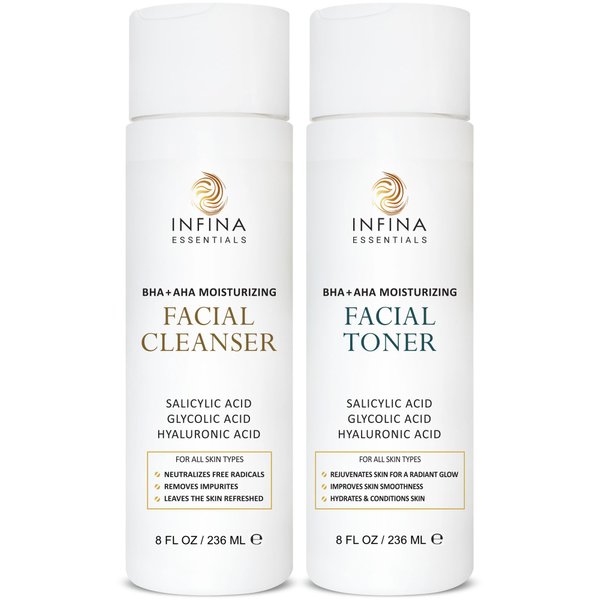INFINA ESSENTIALS Face Cleanser and Facial Toner, Big 8 fl oz Each, Skincare Beauty Duo Kit for Women with Salicylic Acid, Glycolic Acid & Natural Extracts - Optimal Skin Care