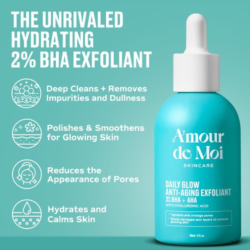 Amour De Moi 2% BHA + AHA Face Exfoliator & Acne Treatment - Gentle Pore Minimizer, Hydrating Exfoliant Liquid with Salicylic Acid, 1% Glycolic Acid, Hyaluronic Acid, Green Tea for All Skin Types, 2oz