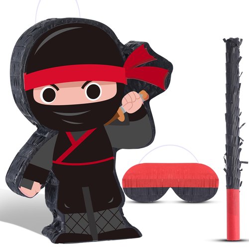 Ninja Piñata Mini Ninja Halloween Piñata with Blindfold, Bat and Filler for Ninja Birthday Party Decorations, Kids Boys Girls and Adults Game Black Ninja Warrior Birthday Halloween Party Supplies