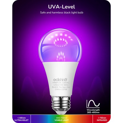 EDISHINE 6 Pack Black Light Bulb, 120V 9W UV Blacklight Bulbs with UVA Level 385-400nm, A19 E26 Base, LED Black Light Bulb for Blacklight Party, Body Paint, Fluorescent Poster, Halloween, ETL Listed