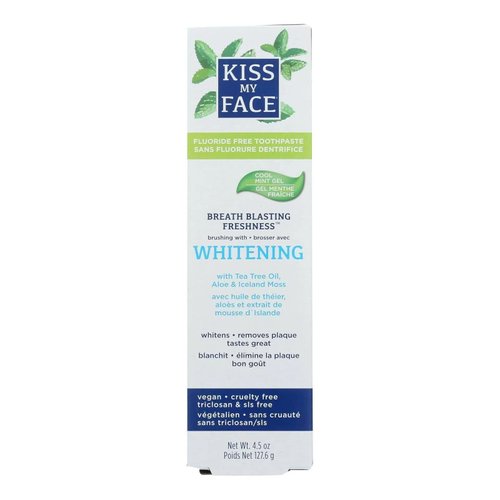 Kiss My Face Super White Cool Mint Gel Toothpaste, SLS And Fluoride Free, Removes Plaque And Prevents Tartar, With Added Tea Tree Oil, Aloe And Iceland Moss, 4.5 Oz