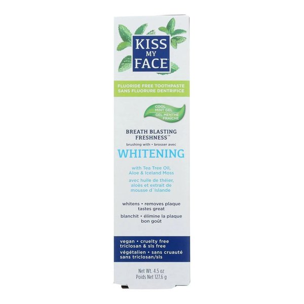 Kiss My Face Super White Cool Mint Gel Toothpaste, SLS And Fluoride Free, Removes Plaque And Prevents Tartar, With Added Tea Tree Oil, Aloe And Iceland Moss, 4.5 Oz
