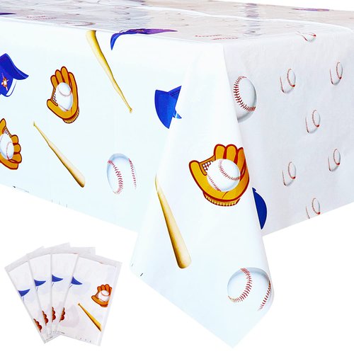 Inspireyee 4 Pack Baseball Themed Tablecloth, Disposable Plastic Table Cover Party Decorations, 51” x 86” Rectangle Table Cloth for Baseball or Sports Birthday Party Supplies (4 Pcs)