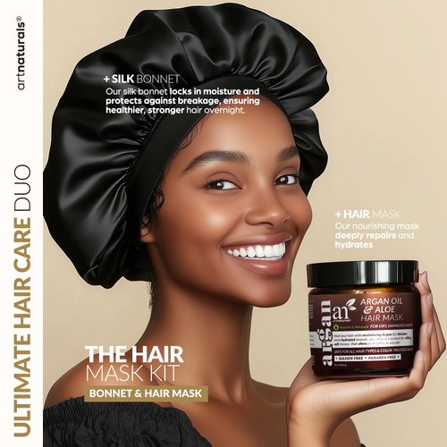 Hair Mask + Silk Bonnet for Sleeping Women Set - Deep Conditioner & Leave-In Conditioner for Dry, Damaged Hair - Argan Oil, Jojoba, Aloe & Keratin - Satin Bonnet for Sleeping, Repair & Hydrate (8 oz)