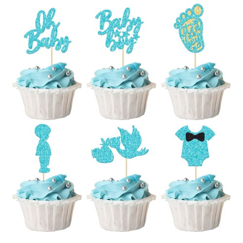 Ephlyn 24Pcs Boy Blue Cake Toppers, It's a Boy Cupcake Toppers with Swan Onesie Footprint, Baby Shower Theme Party Supplies, Decorations for Kids Boys Birthday Party Cake