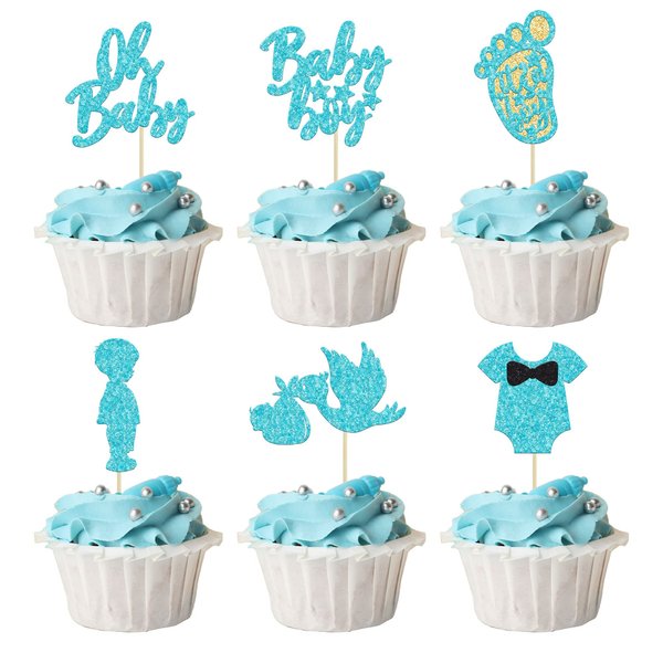 Ephlyn 24Pcs Boy Blue Cake Toppers, It's a Boy Cupcake Toppers with Swan Onesie Footprint, Baby Shower Theme Party Supplies, Decorations for Kids Boys Birthday Party Cake