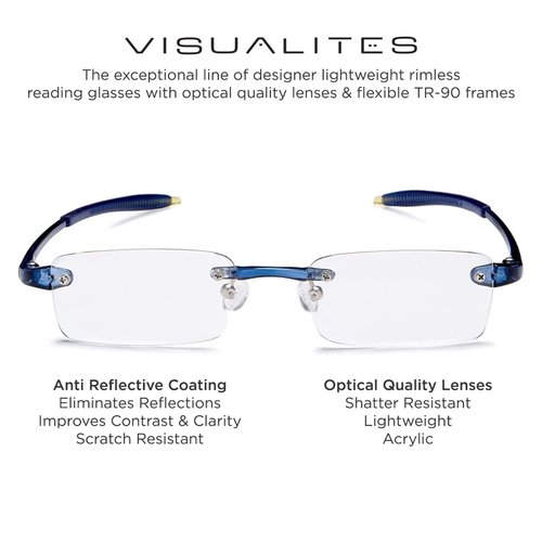 Visualites 1 Navy Blue 1.50 Power Lightweight Rimless Reading Glasses For Men and Women
