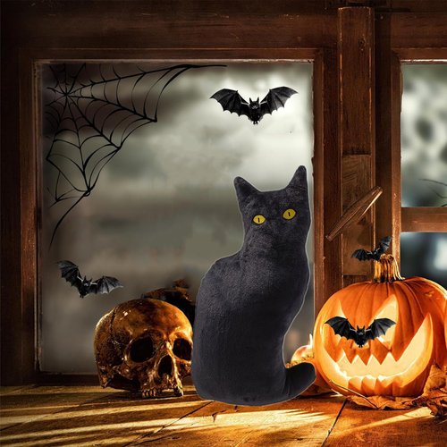 Maomoto Black Cat Plush Cat Stuffed Animal Toy Pillow,Funny Black cat nap Pillow Plush Pillow, Black Cat Plush Toy, 19.6'' cat Shaped Pillow Black Cat Halloween Decor