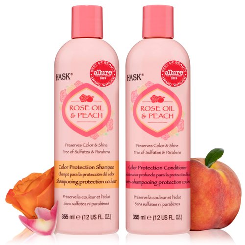HASK ROSE OIL + PEACH Shampoo and Conditioner Set - Color Protecting for All Hair Types, Sulfate-Free, Paraben-Free, Cruelty-Free - 1 Shampoo and 1 Conditioner