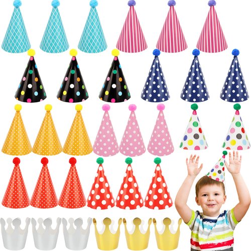 32 Pcs Paper Cone Party Hat Set Include 9 Pcs Birthday Party Hat 9 Pcs Colorful Stuffed Ball 2 Crown Hat 11 Pcs Rope and 1 Pcs Glue Point for Kids Adults Birthday Puppies Animals Party Supplies
