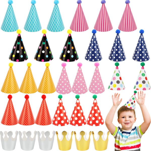 32 Pcs Paper Cone Party Hat Set Include 9 Pcs Birthday Party Hat 9 Pcs Colorful Stuffed Ball 2 Crown Hat 11 Pcs Rope and 1 Pcs Glue Point for Kids Adults Birthday Puppies Animals Party Supplies