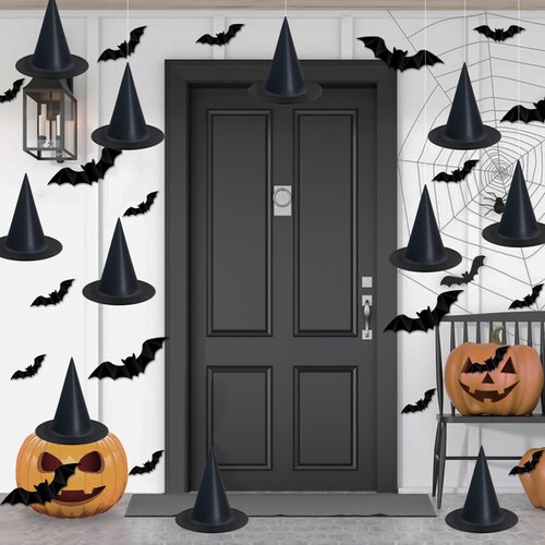 12Pcs Halloween Black Witch Hat Costume Accessories Decorations Hanging Witch Hat 32 Pcs 3D Bats Indoor Outdoor Halloween Decorations