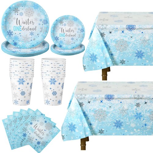 Domensi 82pcs Winter Onederland First Birthday Decorations Snowflake Party Tableware Set Includes Paper Plates Napkins Cups Tablecloths for Girls Boys First Birthday Party Supplies for 20 Guests(Blue)