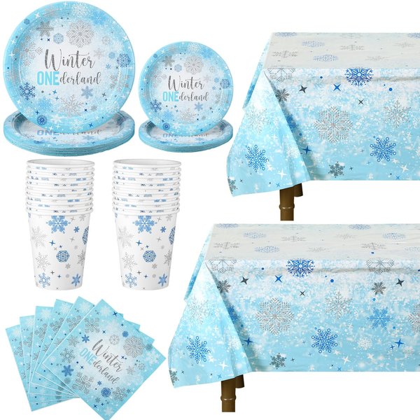 Domensi 82pcs Winter Onederland First Birthday Decorations Snowflake Party Tableware Set Includes Paper Plates Napkins Cups Tablecloths for Girls Boys First Birthday Party Supplies for 20 Guests(Blue)