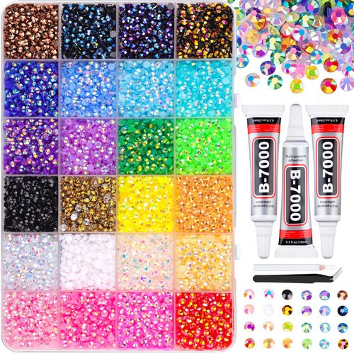 24000Pcs Resin Jelly Rhinestones with Tweezers for Crafting, Mixed-Color 3mm Flatback Gems, Bedazzling Crystal with 3Pcs 10ml B7000 Jewelry Glue for DIY Crafts Clothing Tumblers Shoes Nail Art