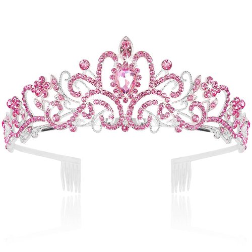 CURASA Pink Crystal Tiara Cute Crowns for Women Princess Crown Birthday Crown for Girls Wedding Headband Cute Kids Hair Accessories for Prom Costume Christmas