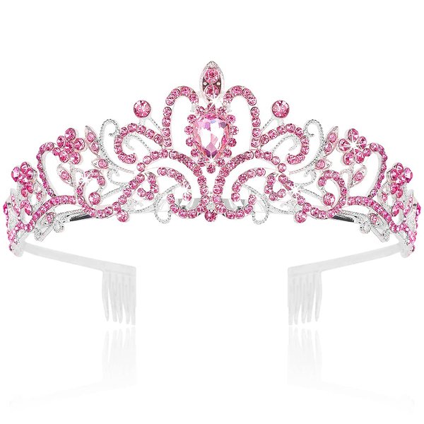 CURASA Pink Crystal Tiara Cute Crowns for Women Princess Crown Birthday Crown for Girls Wedding Headband Cute Kids Hair Accessories for Prom Costume Christmas