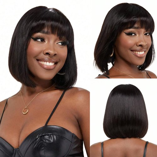 SQPLXK Short Bob Human Hair Wigs with Bangs None Lace Front Wigs Brazilian Straight Hair Machine Made Bob Wig for Black Women Natural Color 8 Inch