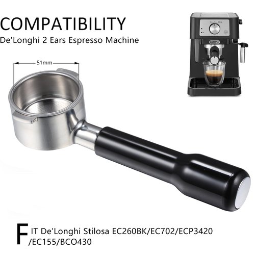 51mm portafilter for Delonghi ECP3420/EC155/BCO430/EC260, 51mm bottomless portafilter 2 ears, Stainless Steel Replacement Parts for Delonghi Handle