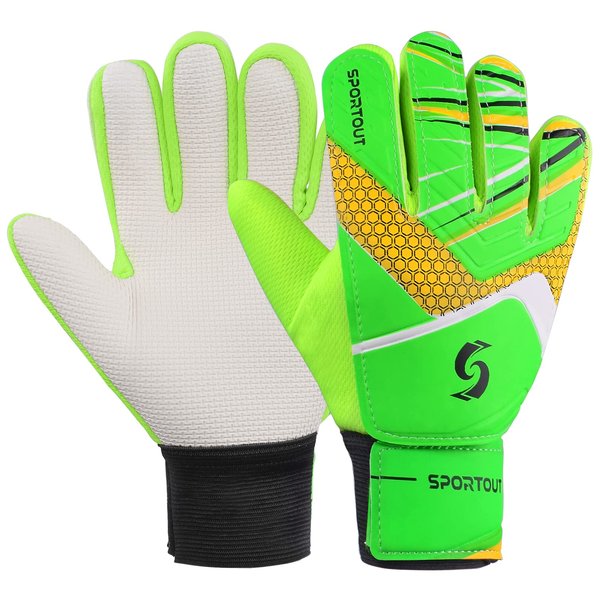 Sportout Kids Goalkeeper Gloves, Soccer Gloves with Double Wrist Protection and Non-Slip Wear Resistant Latex Material to Prevent Injuries (Green, Size 7 Suitable for 12 to 14 Years Old)