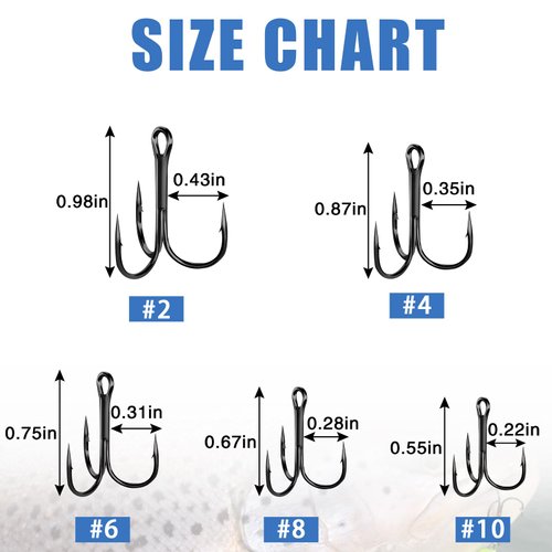 Fishing Treble Hooks Black Triple Fishing Hooks High Carbon Steel Barbed Sharp Round Bend Treble Hooks Replacement for Hard Lures Bait #10 50pcs