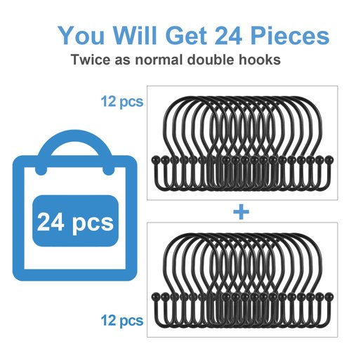 24 Pack Double Shower Curtain Hooks Rings, TENOVEL Double Sided Shower Curtain Hooks Rust Proof for Shower Curtain, Stainless Steel Bathroom Shower Hangers Rings for Shower Rods, Matte Black