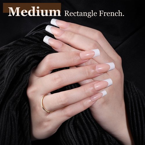 Teenitor Press on Nails Short, Almond Press on Nails French Tip Black, Glue on Nails Short Press Ons, Press on Nail Kit Coffin Press on Nails, Short French Tip Press on Nails Medium Press on Nails